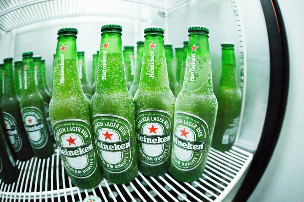 green heineken bottle in refrigerator