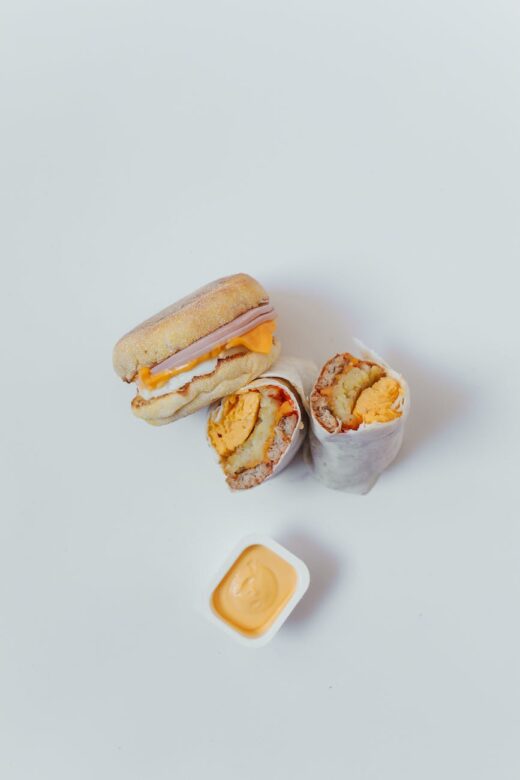 flatlay photo of food on white table