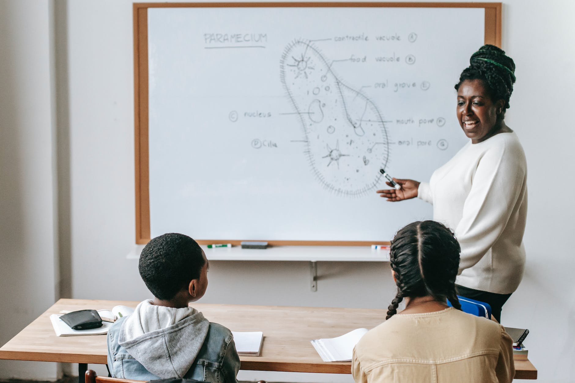 cheerful black woman explaining structure of bacteria to pupils