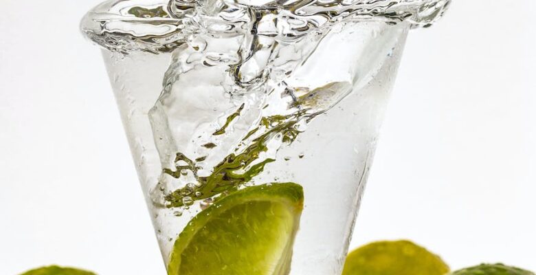 water filled glass cup with sliced lime