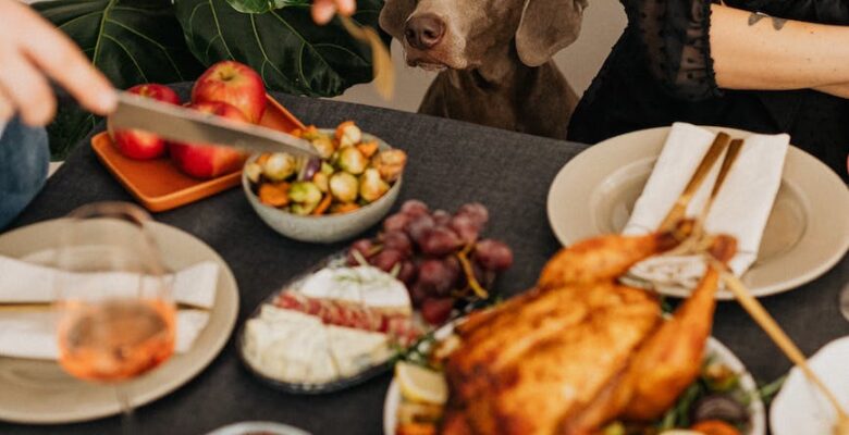 family with dog at thanksgiving dinner at table