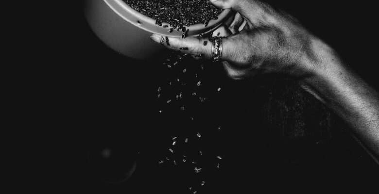 person holding a bucket of coffee beans