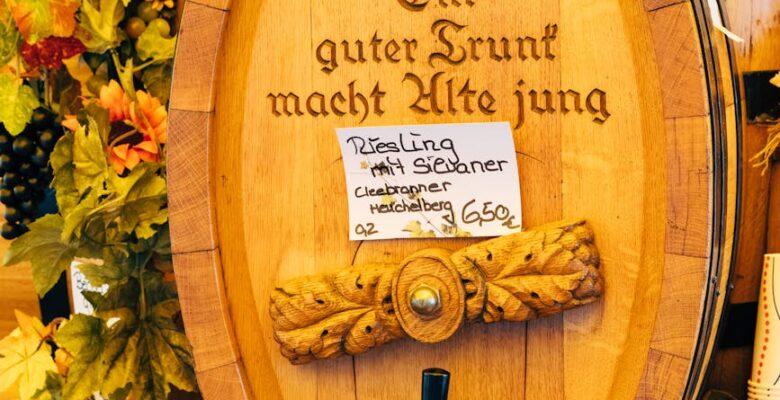 a wooden barrel with a sign that says the wine is made in the barrel