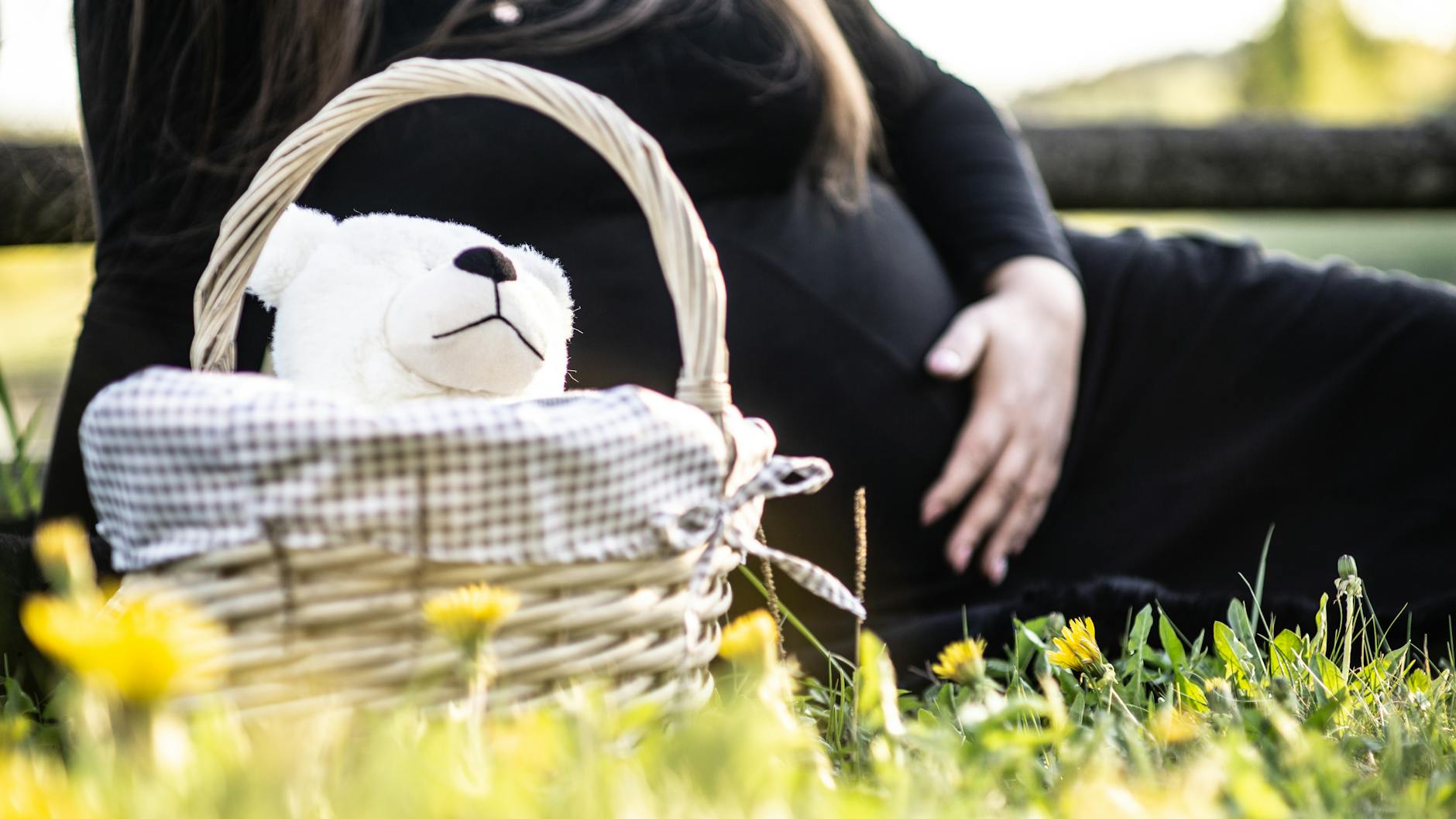 pregnant woman sitting on grass near picnic basket